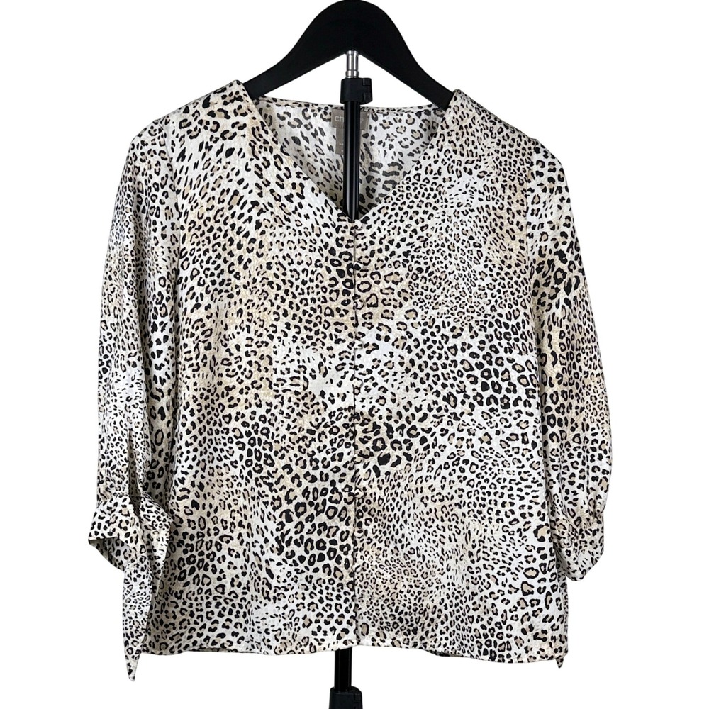 Chico's Leopard Print‎ Button Up Blouse 3/4 Sleeve Tie Cuff Petite